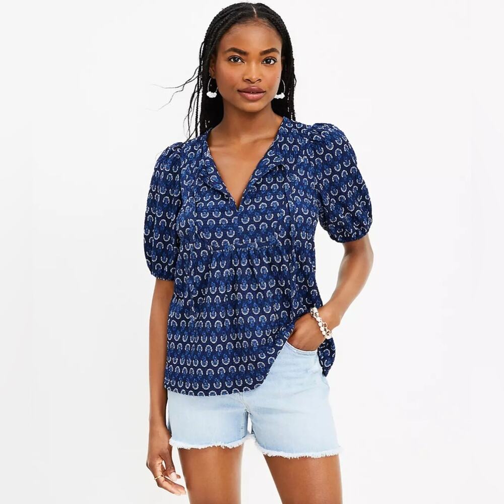 LOFT Women Boho Nautical tieNeck blue top XS